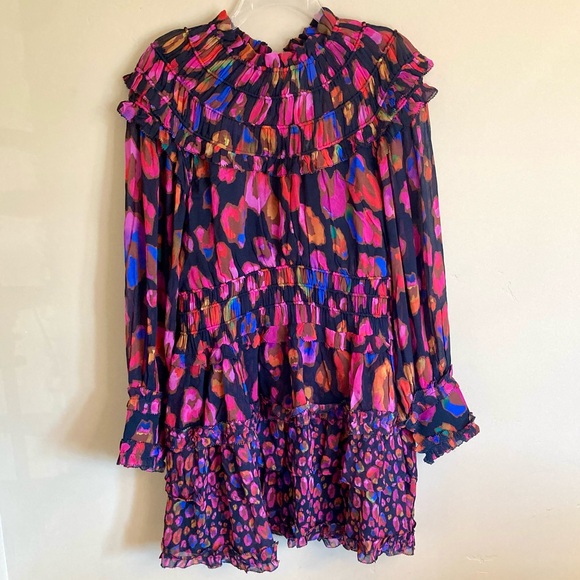 NEW FARM Rio Farm Iridescent Leopards Ruffled Mini Dress Chiffon Black Size L - Picture 5 of 16